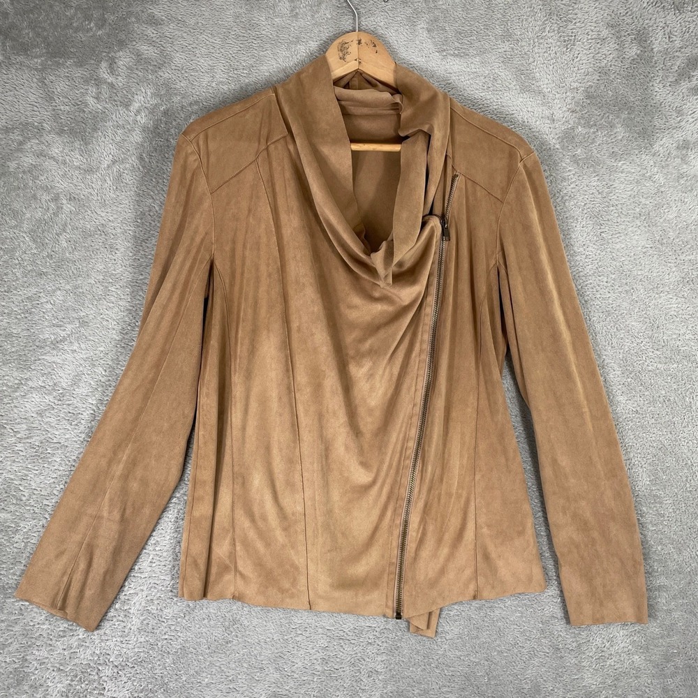 Mote Faux Suede Jacket Womens Large Tan Drape Neck Asymmetric Zip Moto Coat